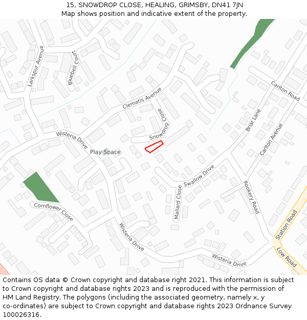 15, SNOWDROP CLOSE, HEALING, GRIMSBY, DN41 7JN: Location map and indicative extent of plot