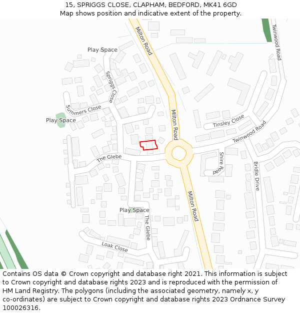 15, SPRIGGS CLOSE, CLAPHAM, BEDFORD, MK41 6GD: Location map and indicative extent of plot