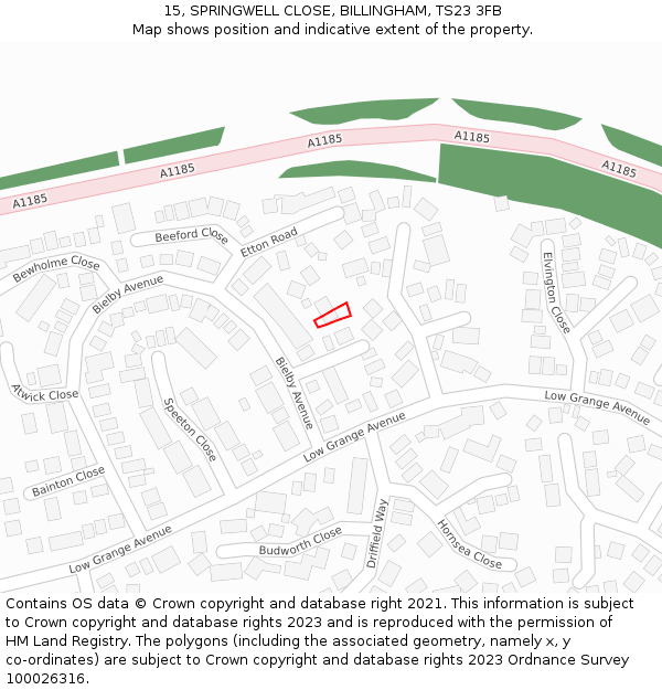 15, SPRINGWELL CLOSE, BILLINGHAM, TS23 3FB: Location map and indicative extent of plot