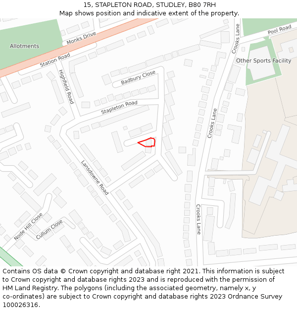 15, STAPLETON ROAD, STUDLEY, B80 7RH: Location map and indicative extent of plot