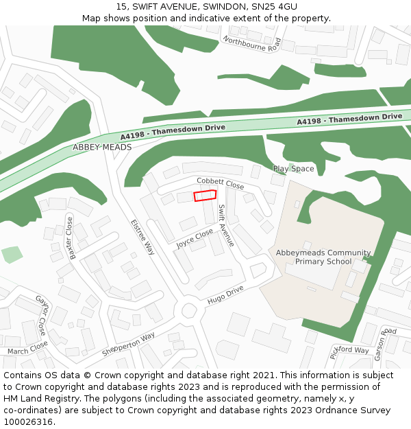 15, SWIFT AVENUE, SWINDON, SN25 4GU: Location map and indicative extent of plot