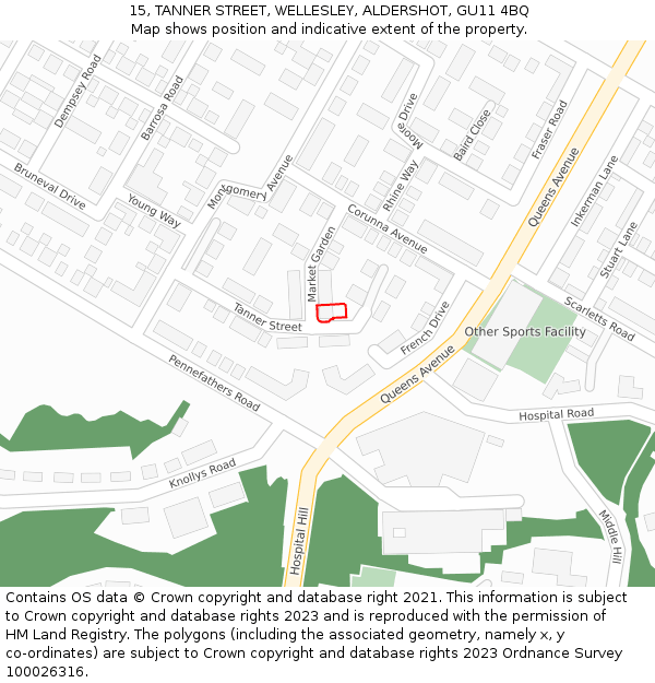 15, TANNER STREET, WELLESLEY, ALDERSHOT, GU11 4BQ: Location map and indicative extent of plot