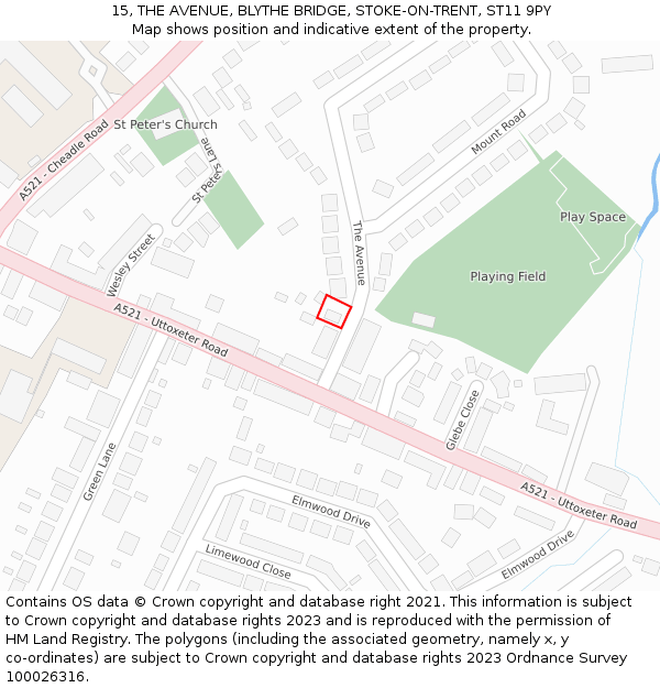 15, THE AVENUE, BLYTHE BRIDGE, STOKE-ON-TRENT, ST11 9PY: Location map and indicative extent of plot