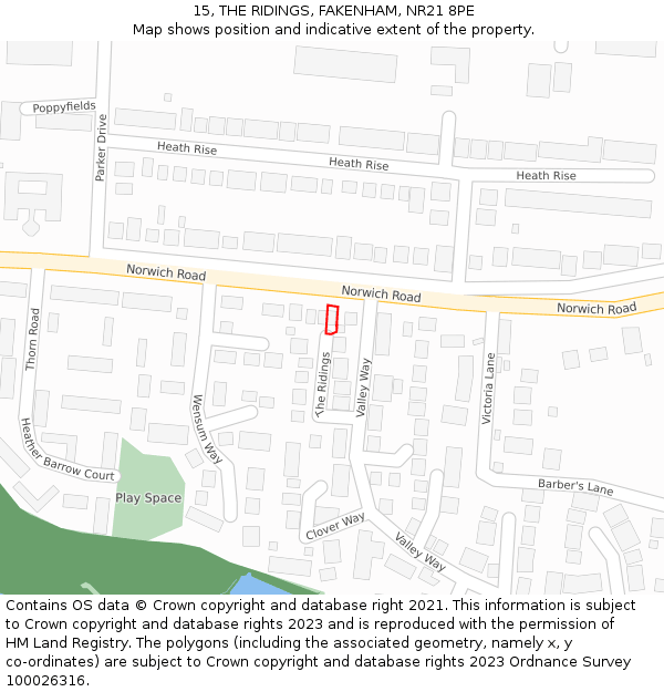 15, THE RIDINGS, FAKENHAM, NR21 8PE: Location map and indicative extent of plot