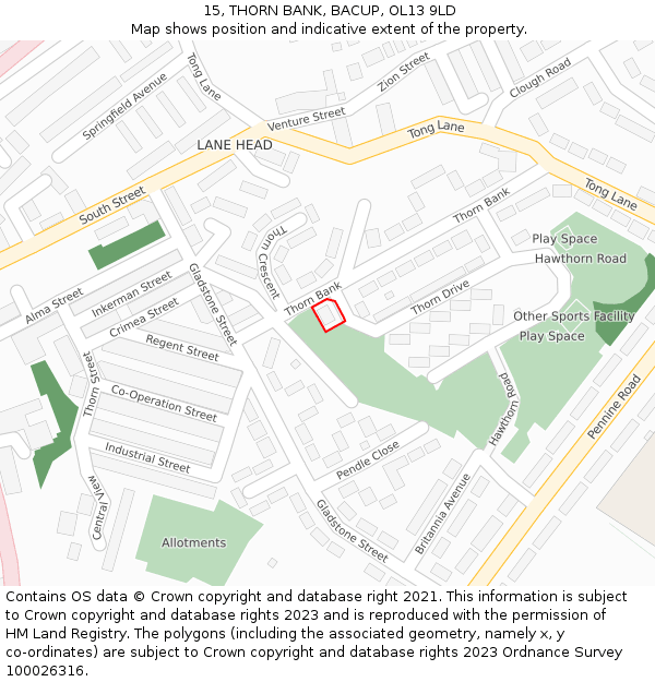 15, THORN BANK, BACUP, OL13 9LD: Location map and indicative extent of plot