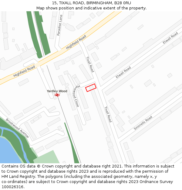 15, TIXALL ROAD, BIRMINGHAM, B28 0RU: Location map and indicative extent of plot