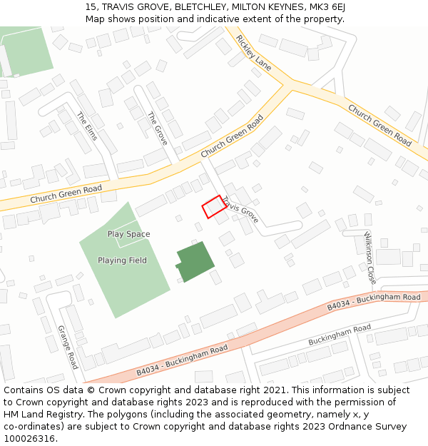 15, TRAVIS GROVE, BLETCHLEY, MILTON KEYNES, MK3 6EJ: Location map and indicative extent of plot