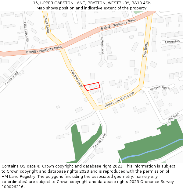 15, UPPER GARSTON LANE, BRATTON, WESTBURY, BA13 4SN: Location map and indicative extent of plot