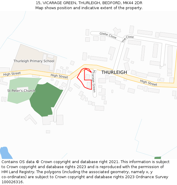 15, VICARAGE GREEN, THURLEIGH, BEDFORD, MK44 2DR: Location map and indicative extent of plot