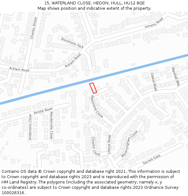 15, WATERLAND CLOSE, HEDON, HULL, HU12 8QE: Location map and indicative extent of plot