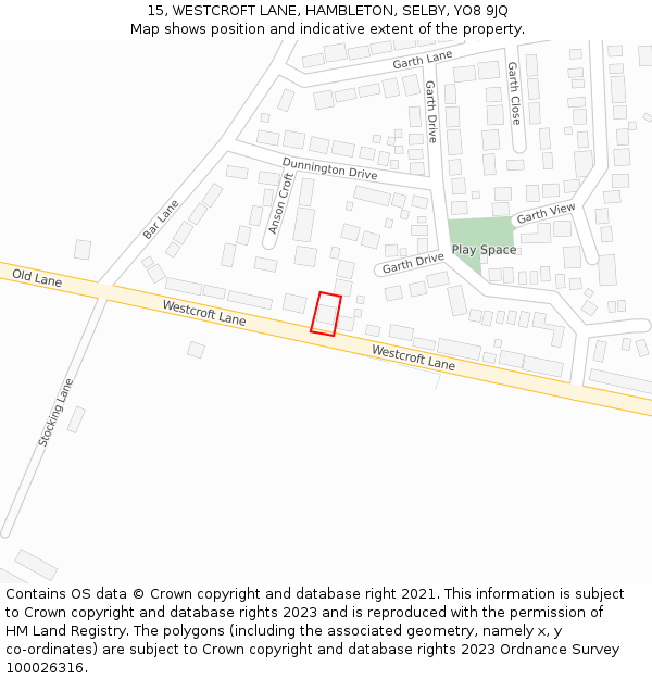 15, WESTCROFT LANE, HAMBLETON, SELBY, YO8 9JQ: Location map and indicative extent of plot