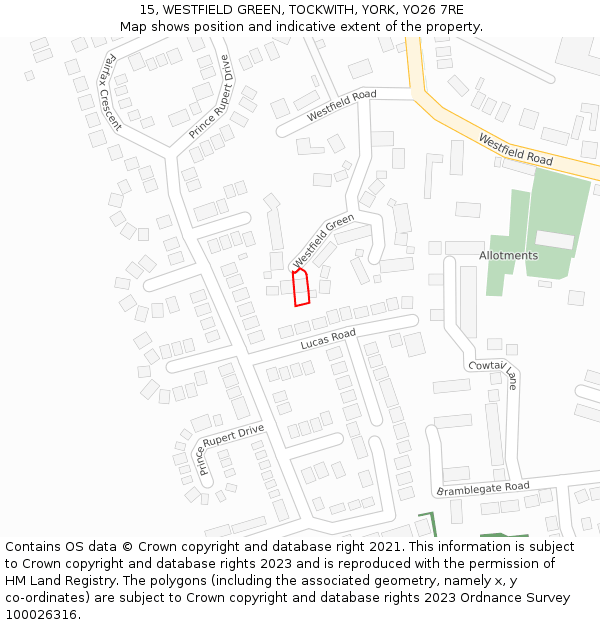 15, WESTFIELD GREEN, TOCKWITH, YORK, YO26 7RE: Location map and indicative extent of plot