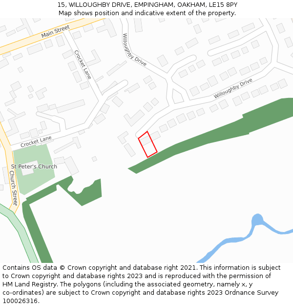 15, WILLOUGHBY DRIVE, EMPINGHAM, OAKHAM, LE15 8PY: Location map and indicative extent of plot