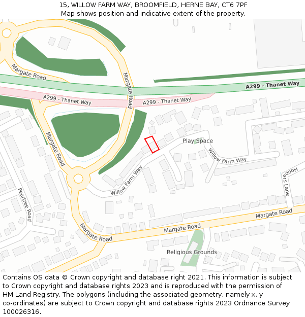 15, WILLOW FARM WAY, BROOMFIELD, HERNE BAY, CT6 7PF: Location map and indicative extent of plot