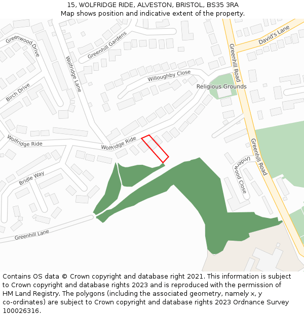 15, WOLFRIDGE RIDE, ALVESTON, BRISTOL, BS35 3RA: Location map and indicative extent of plot