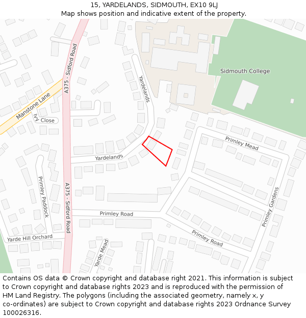 15, YARDELANDS, SIDMOUTH, EX10 9LJ: Location map and indicative extent of plot