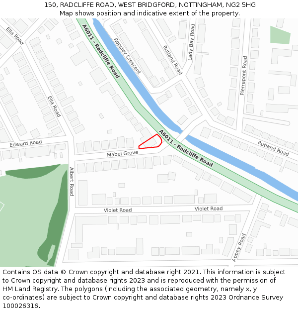 150, RADCLIFFE ROAD, WEST BRIDGFORD, NOTTINGHAM, NG2 5HG: Location map and indicative extent of plot