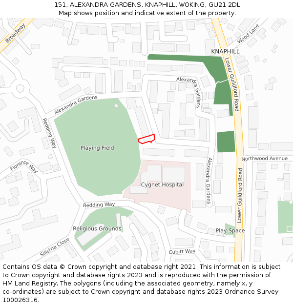 151, ALEXANDRA GARDENS, KNAPHILL, WOKING, GU21 2DL: Location map and indicative extent of plot