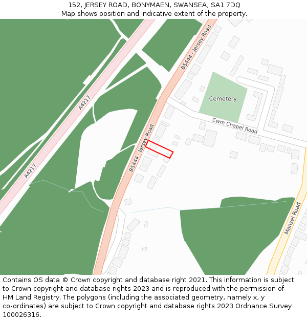 152, JERSEY ROAD, BONYMAEN, SWANSEA, SA1 7DQ: Location map and indicative extent of plot