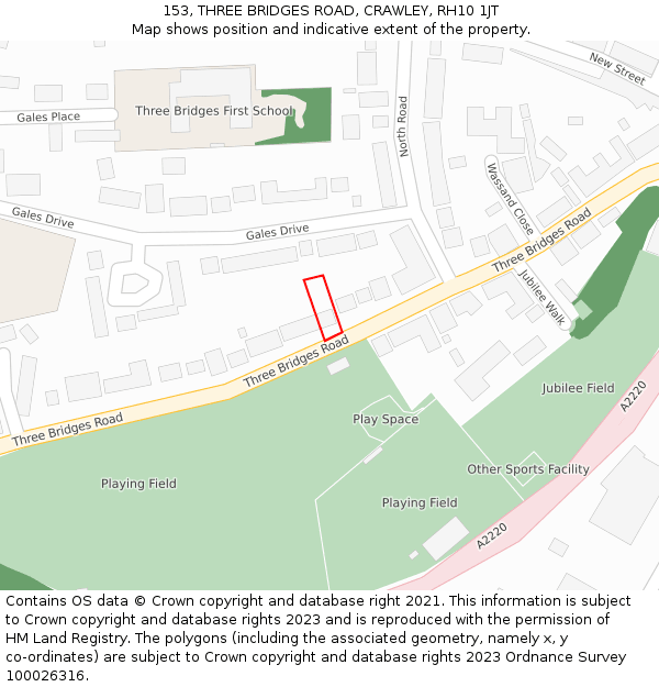 153, THREE BRIDGES ROAD, CRAWLEY, RH10 1JT: Location map and indicative extent of plot