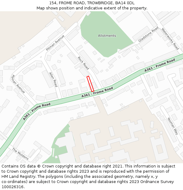 154, FROME ROAD, TROWBRIDGE, BA14 0DL: Location map and indicative extent of plot