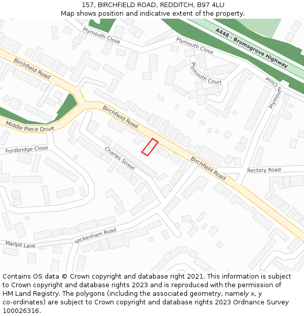 157, BIRCHFIELD ROAD, REDDITCH, B97 4LU: Location map and indicative extent of plot