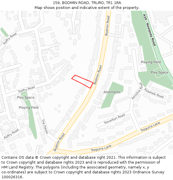 159, BODMIN ROAD, TRURO, TR1 1RA: Location map and indicative extent of plot