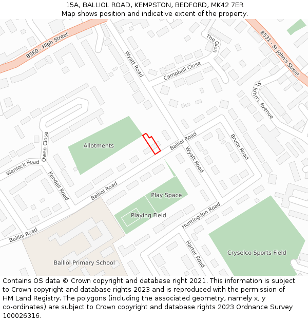 15A, BALLIOL ROAD, KEMPSTON, BEDFORD, MK42 7ER: Location map and indicative extent of plot