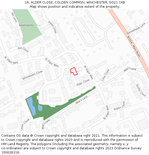 16, ALDER CLOSE, COLDEN COMMON, WINCHESTER, SO21 1XB: Location map and indicative extent of plot