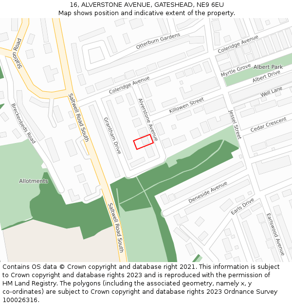 16, ALVERSTONE AVENUE, GATESHEAD, NE9 6EU: Location map and indicative extent of plot