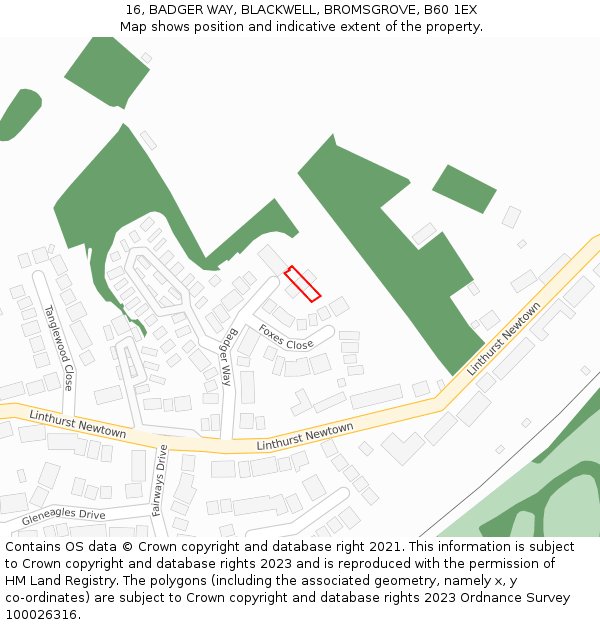 16, BADGER WAY, BLACKWELL, BROMSGROVE, B60 1EX: Location map and indicative extent of plot