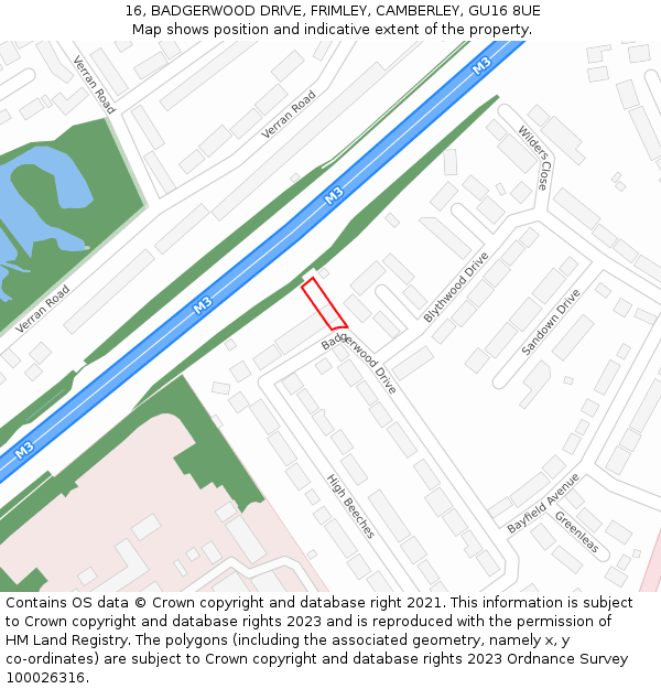 16, BADGERWOOD DRIVE, FRIMLEY, CAMBERLEY, GU16 8UE: Location map and indicative extent of plot