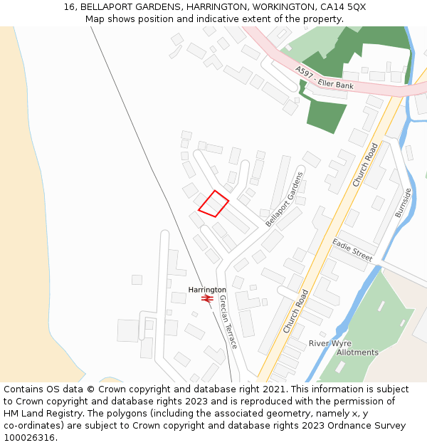 16, BELLAPORT GARDENS, HARRINGTON, WORKINGTON, CA14 5QX: Location map and indicative extent of plot