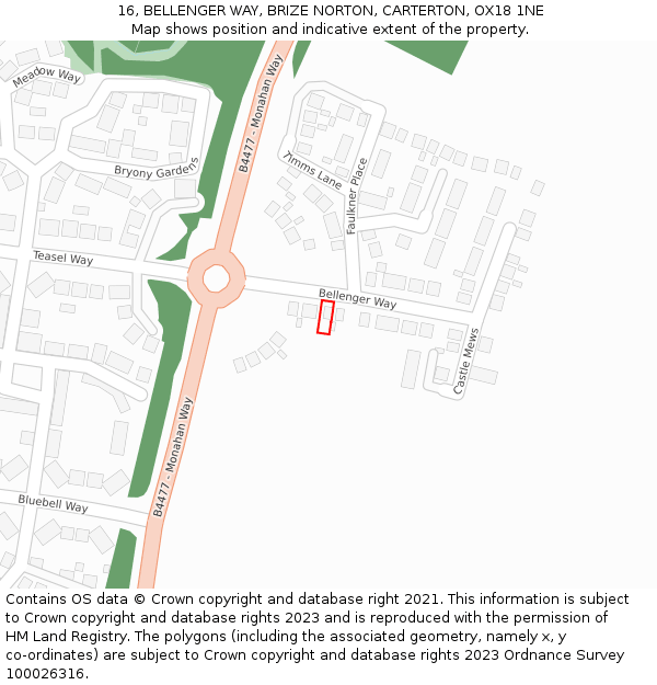 16, BELLENGER WAY, BRIZE NORTON, CARTERTON, OX18 1NE: Location map and indicative extent of plot