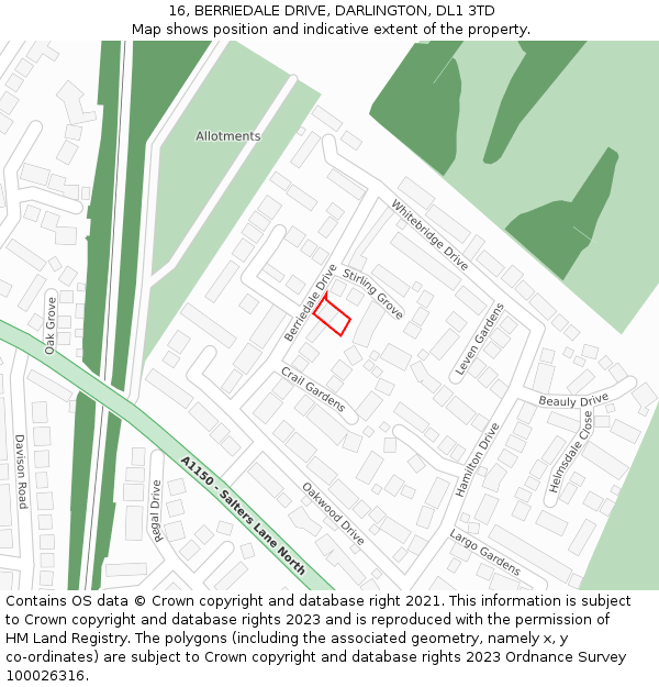 16, BERRIEDALE DRIVE, DARLINGTON, DL1 3TD: Location map and indicative extent of plot