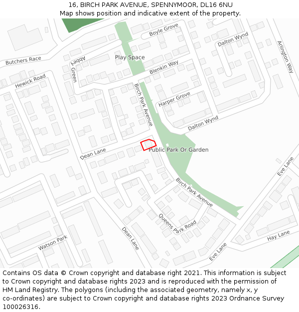 16, BIRCH PARK AVENUE, SPENNYMOOR, DL16 6NU: Location map and indicative extent of plot