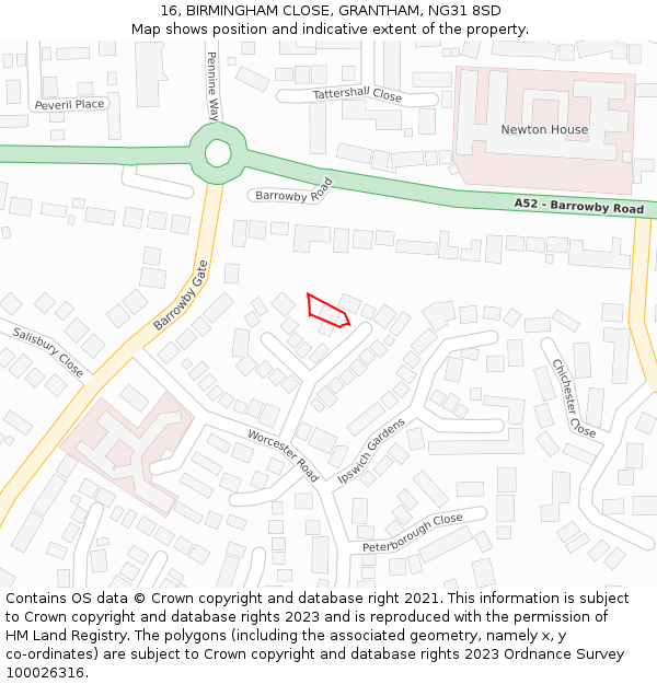 16, BIRMINGHAM CLOSE, GRANTHAM, NG31 8SD: Location map and indicative extent of plot