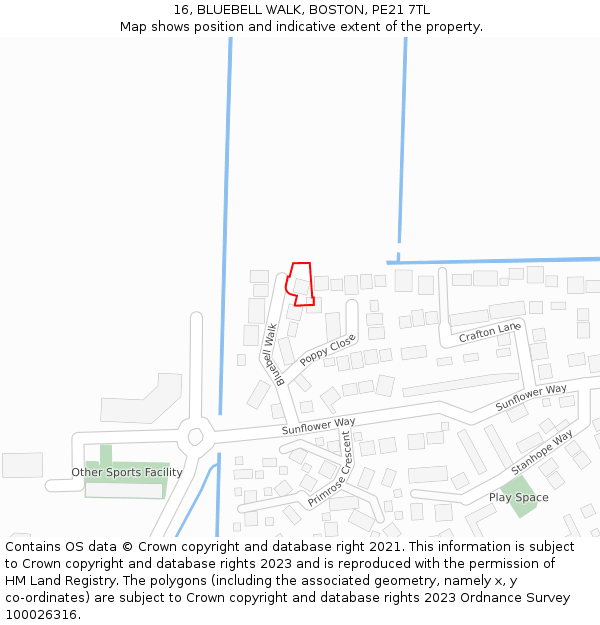 16, BLUEBELL WALK, BOSTON, PE21 7TL: Location map and indicative extent of plot