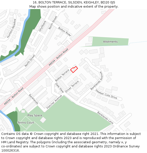 16, BOLTON TERRACE, SILSDEN, KEIGHLEY, BD20 0JS: Location map and indicative extent of plot