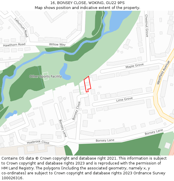 16, BONSEY CLOSE, WOKING, GU22 9PS: Location map and indicative extent of plot