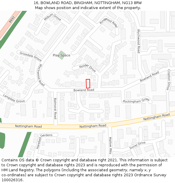 16, BOWLAND ROAD, BINGHAM, NOTTINGHAM, NG13 8RW: Location map and indicative extent of plot