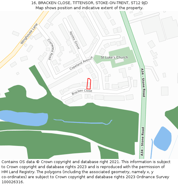 16, BRACKEN CLOSE, TITTENSOR, STOKE-ON-TRENT, ST12 9JD: Location map and indicative extent of plot