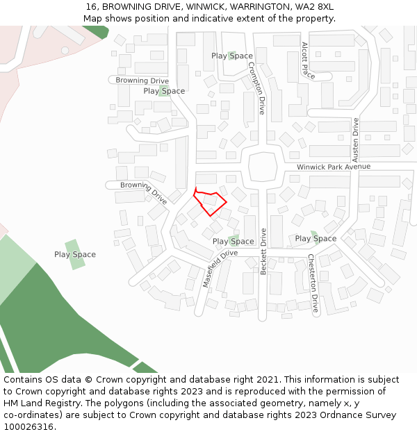 16, BROWNING DRIVE, WINWICK, WARRINGTON, WA2 8XL: Location map and indicative extent of plot