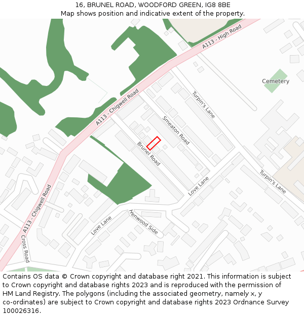 16, BRUNEL ROAD, WOODFORD GREEN, IG8 8BE: Location map and indicative extent of plot