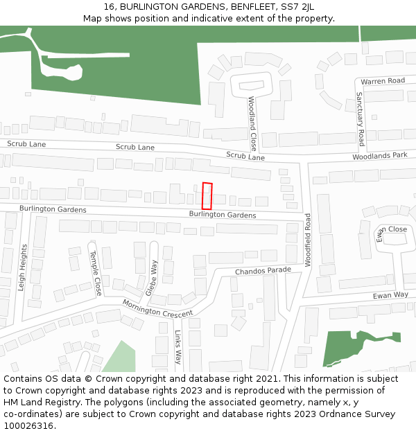 16, BURLINGTON GARDENS, BENFLEET, SS7 2JL: Location map and indicative extent of plot