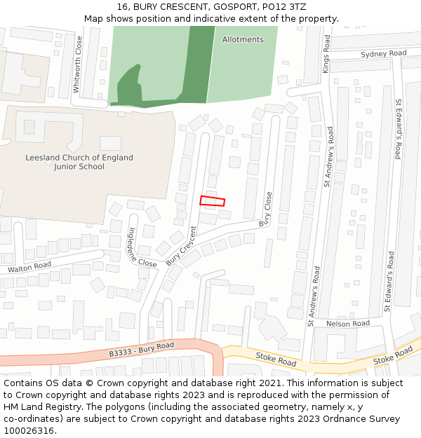 16, BURY CRESCENT, GOSPORT, PO12 3TZ: Location map and indicative extent of plot