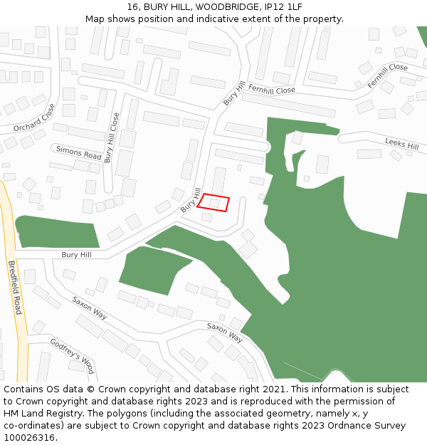 16, BURY HILL, WOODBRIDGE, IP12 1LF: Location map and indicative extent of plot