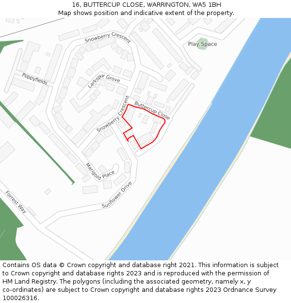 16, BUTTERCUP CLOSE, WARRINGTON, WA5 1BH: Location map and indicative extent of plot