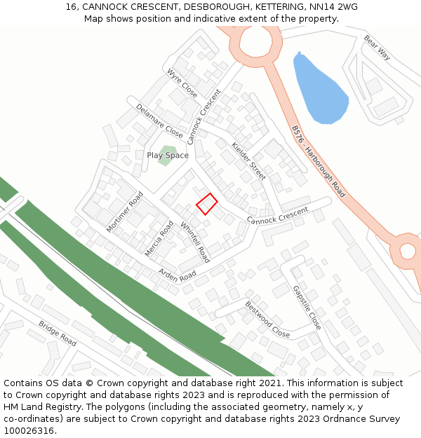 16, CANNOCK CRESCENT, DESBOROUGH, KETTERING, NN14 2WG: Location map and indicative extent of plot