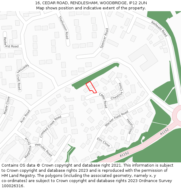 16, CEDAR ROAD, RENDLESHAM, WOODBRIDGE, IP12 2UN: Location map and indicative extent of plot